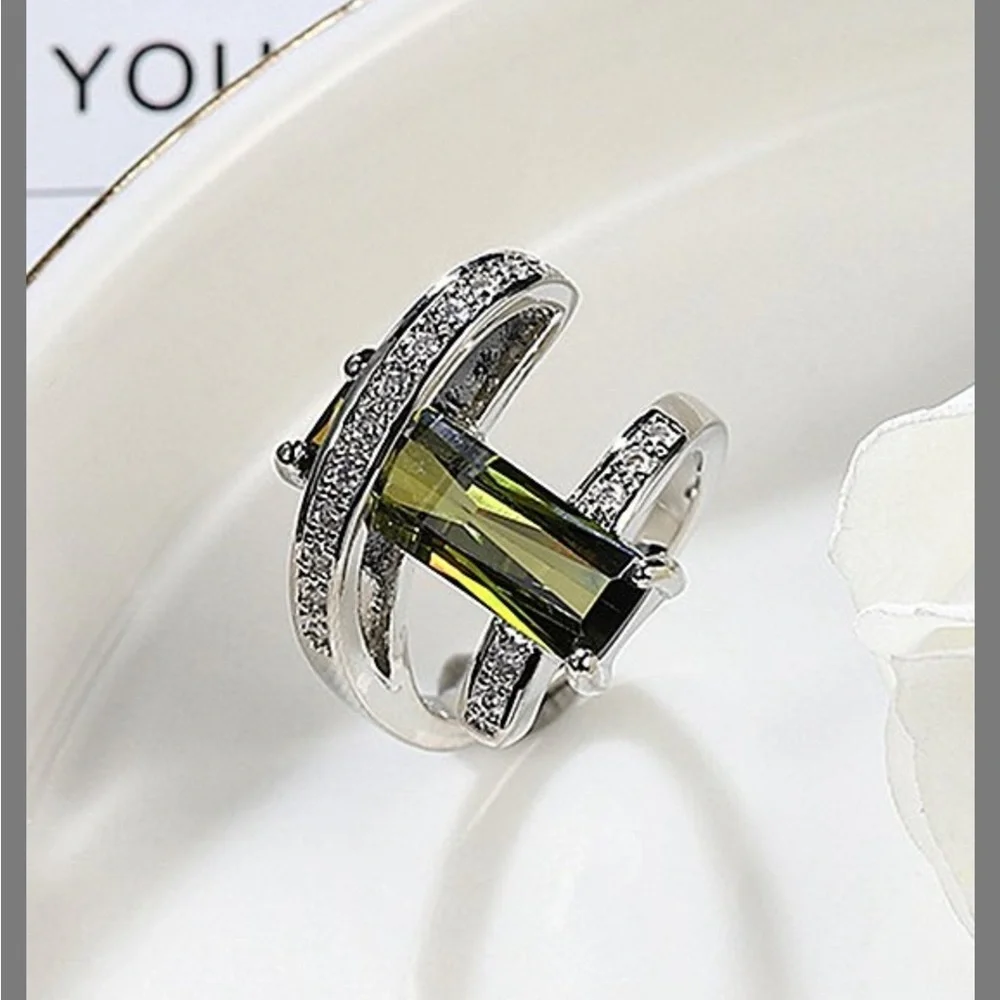 925 Olive Cubic Zirconia & Crystal Ring